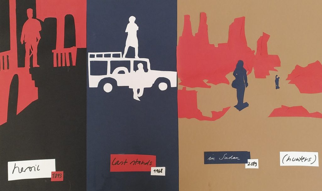 blue, red, white, black, and pale brown collage of three scenes where Western colonisers and their descendants demonstrate their power in Sudan