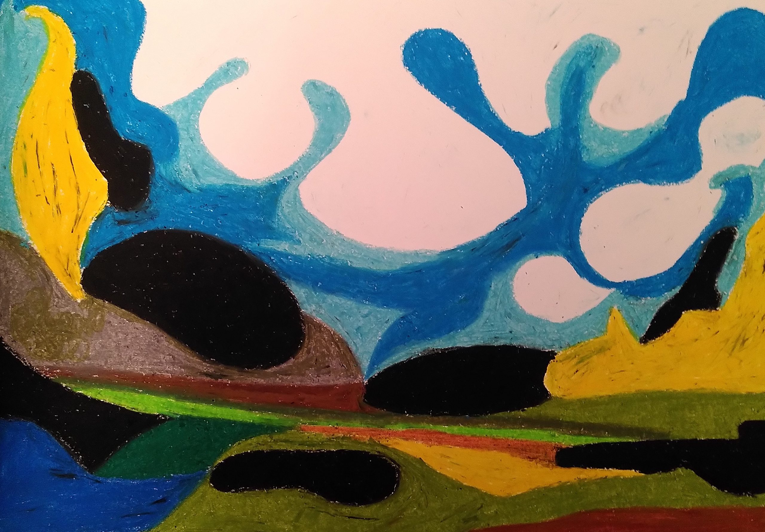 coloured shapes form a landscape with a blue sky, white clouds, and abstract black, yellow, green and brown shapes done in oil pastels on paper